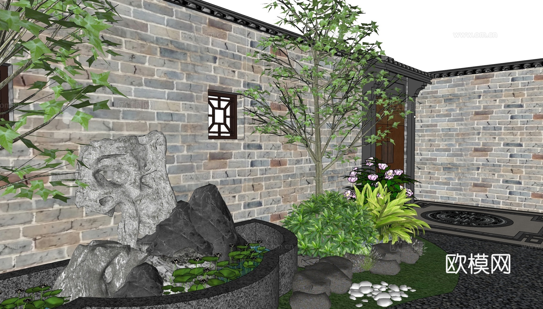 新中式乡村庭院su模型下载