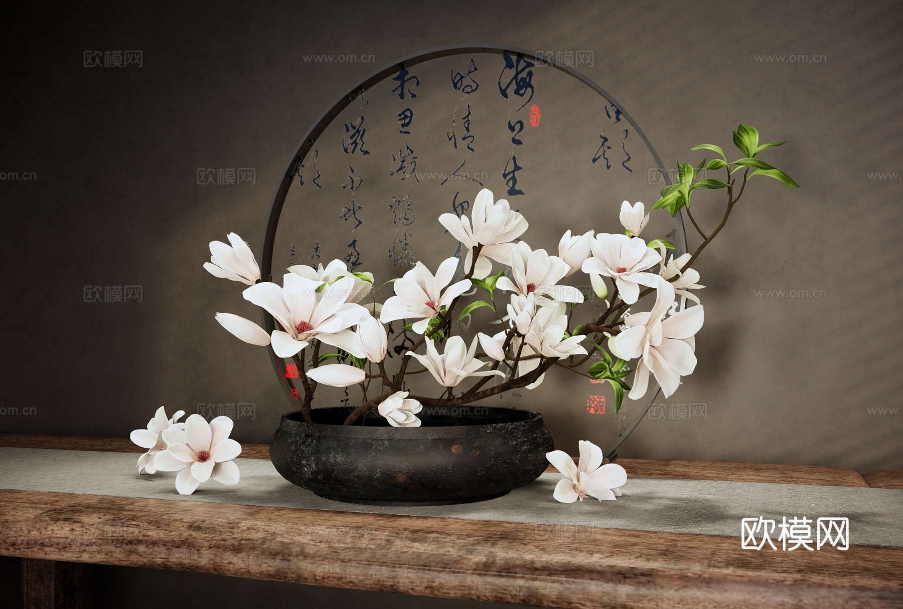 新中式花艺 新中式玉兰花插花 中式造型插花 新中式花瓶花艺su模型