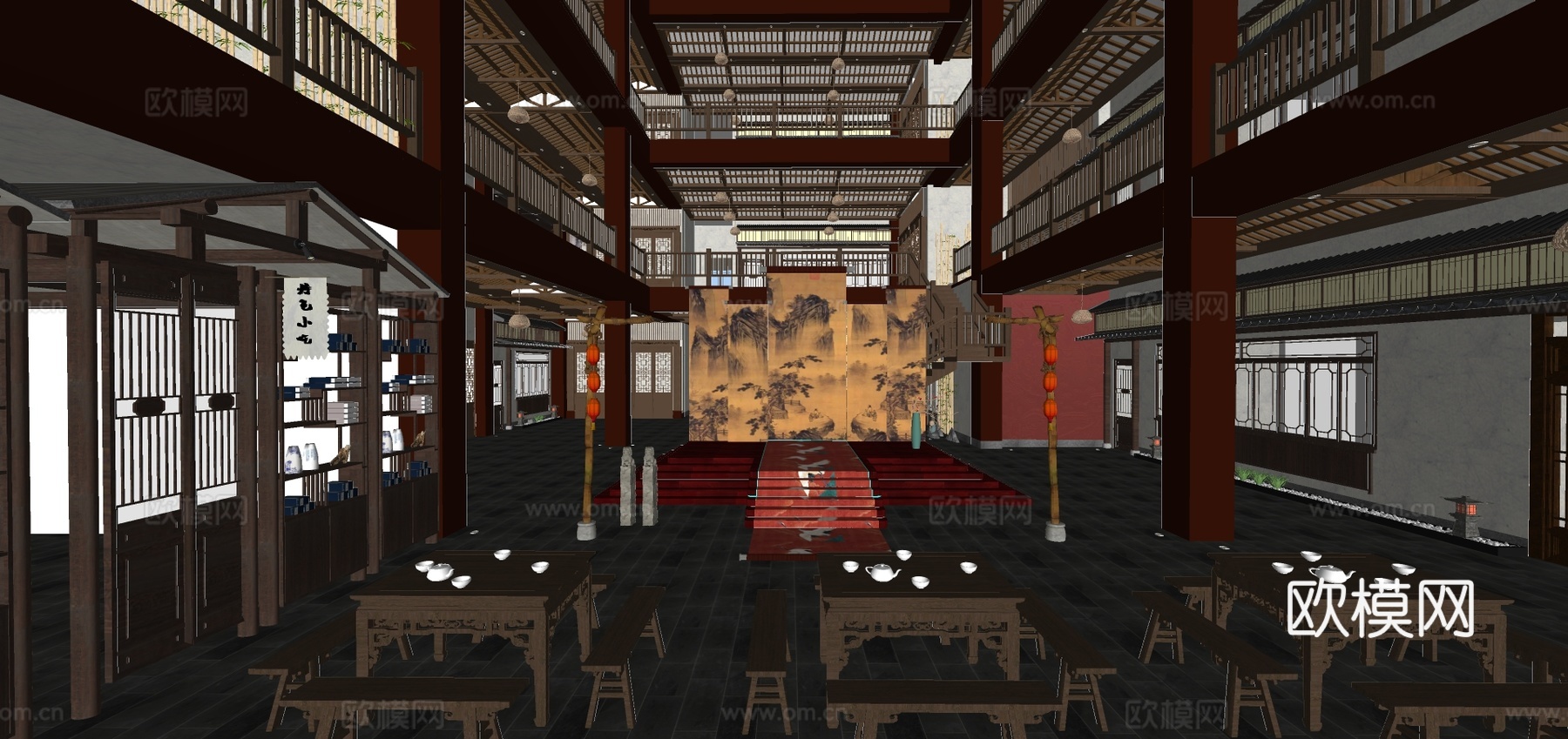 新中式中餐厅su模型下载