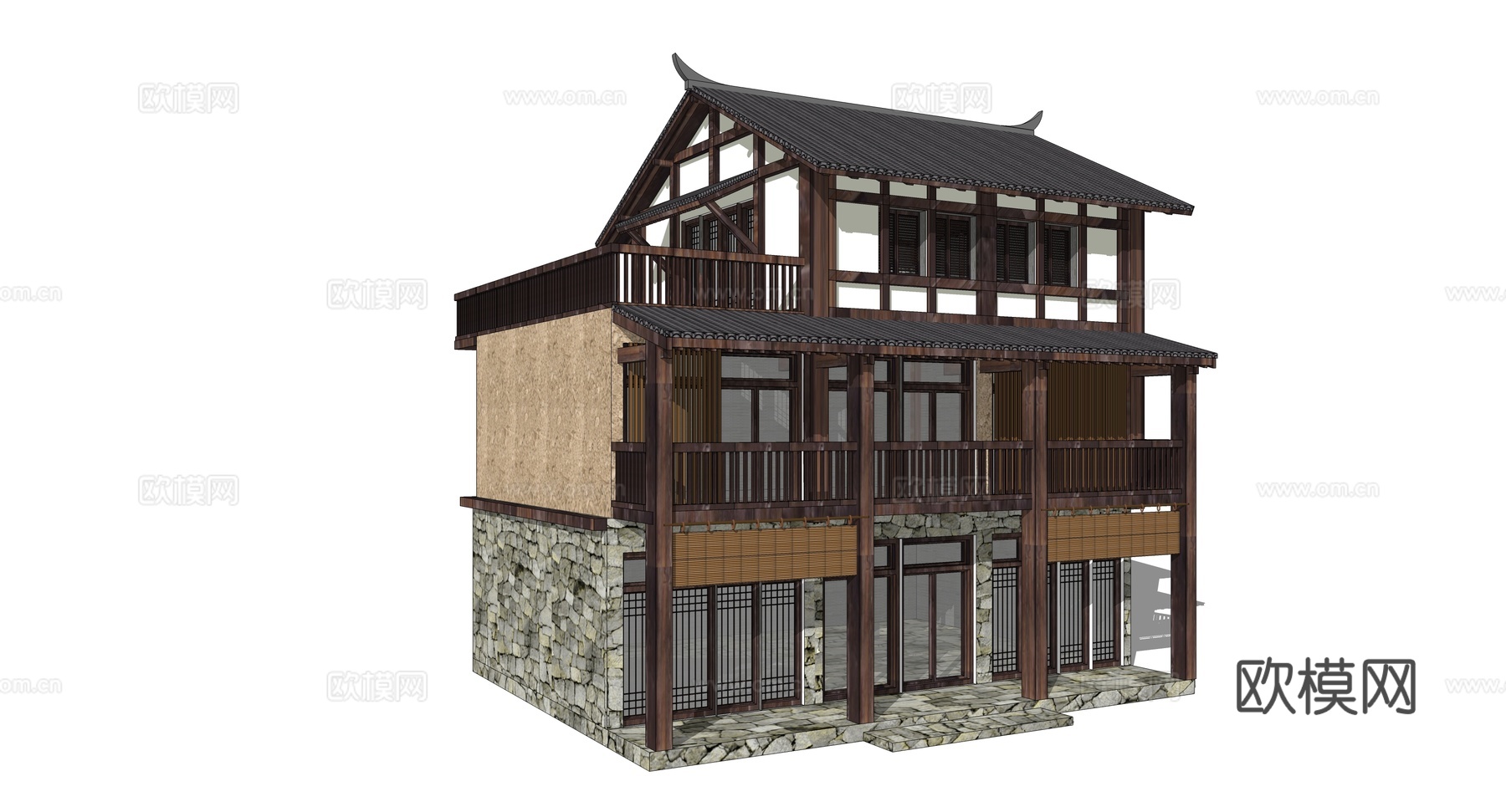 新中式古建民居外观su模型下载