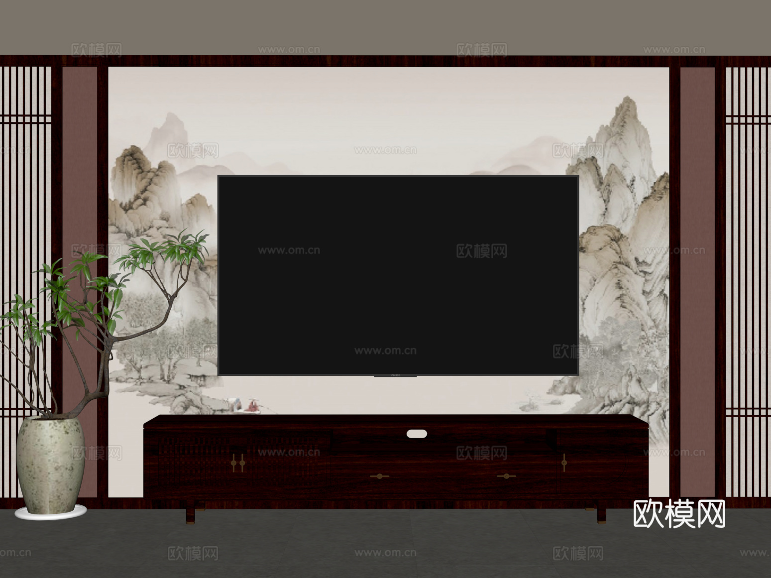 06新中式电视柜 电视背景墙su模型