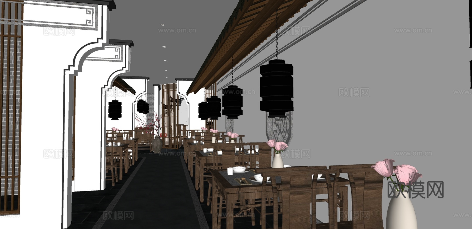 新中式中餐厅su模型下载
