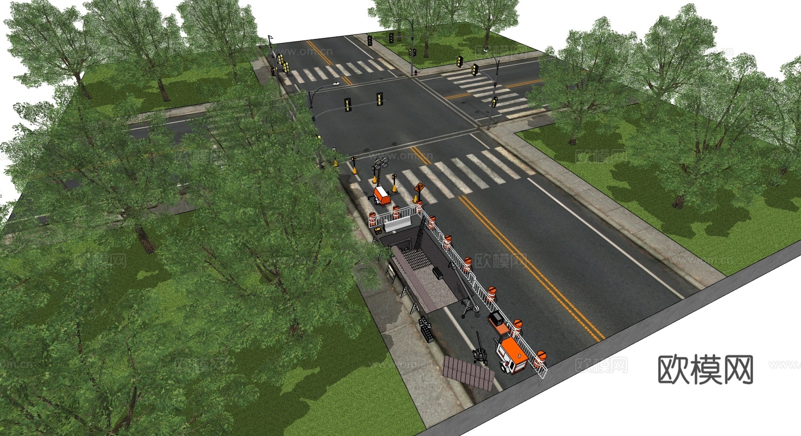 现代城市十字路街道su模型下载