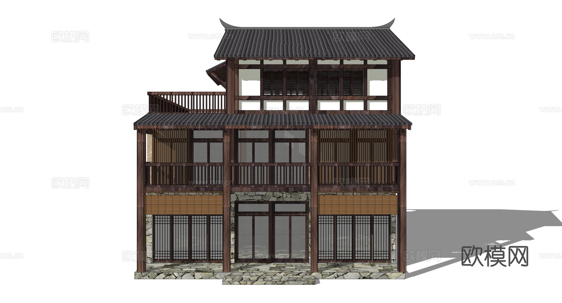 新中式古建民居外观su模型下载