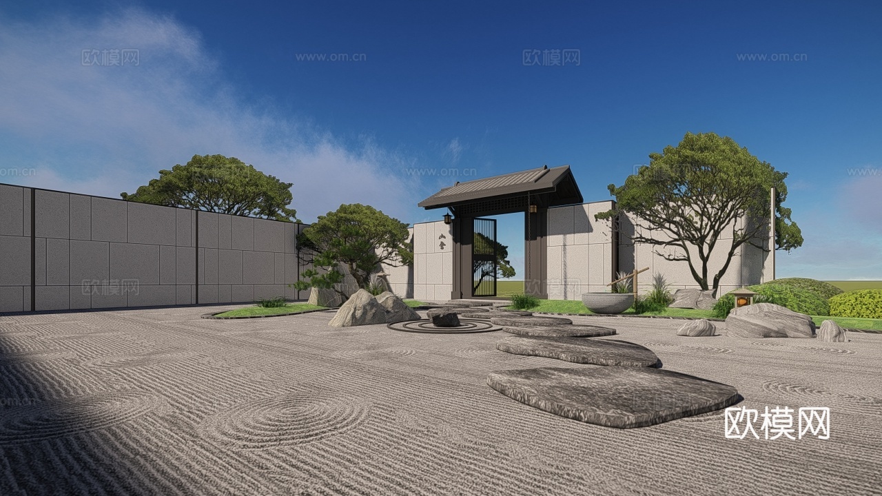 新中式枯山水庭院su模型下载