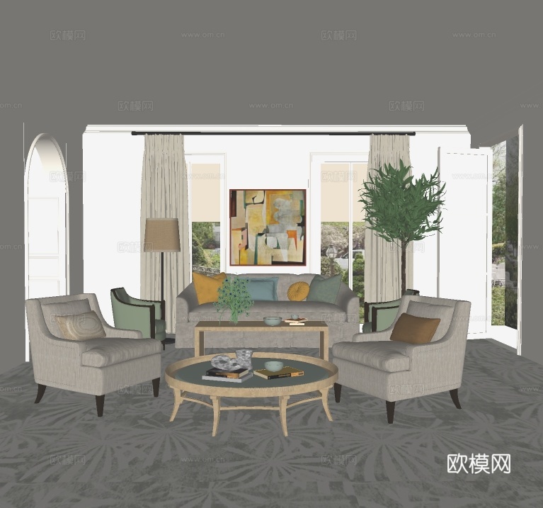 简美客厅su模型下载