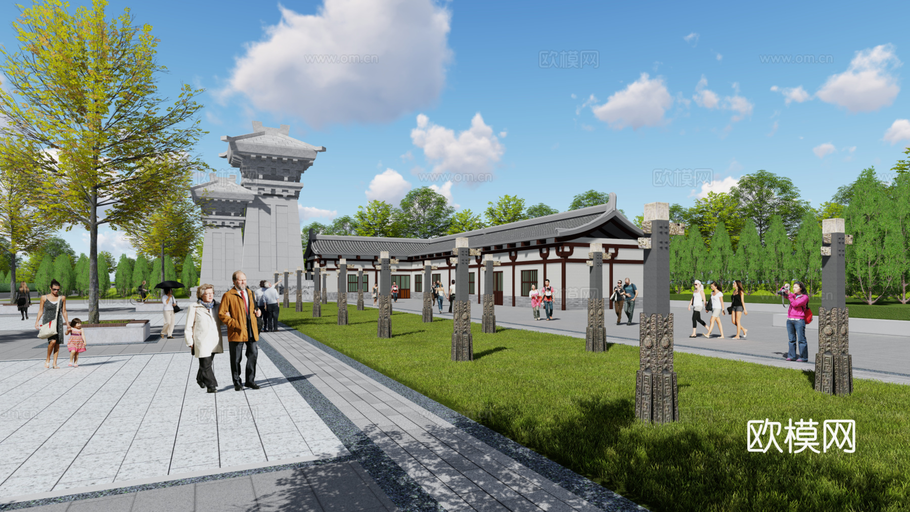 新中式休闲广场su模型下载