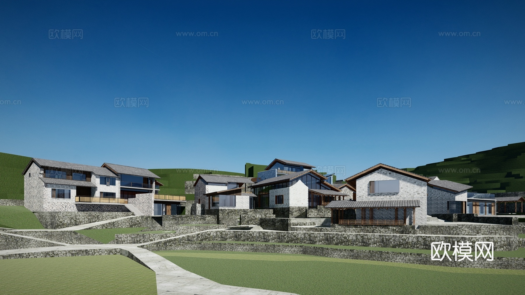 新中式民宿建筑外观su模型下载