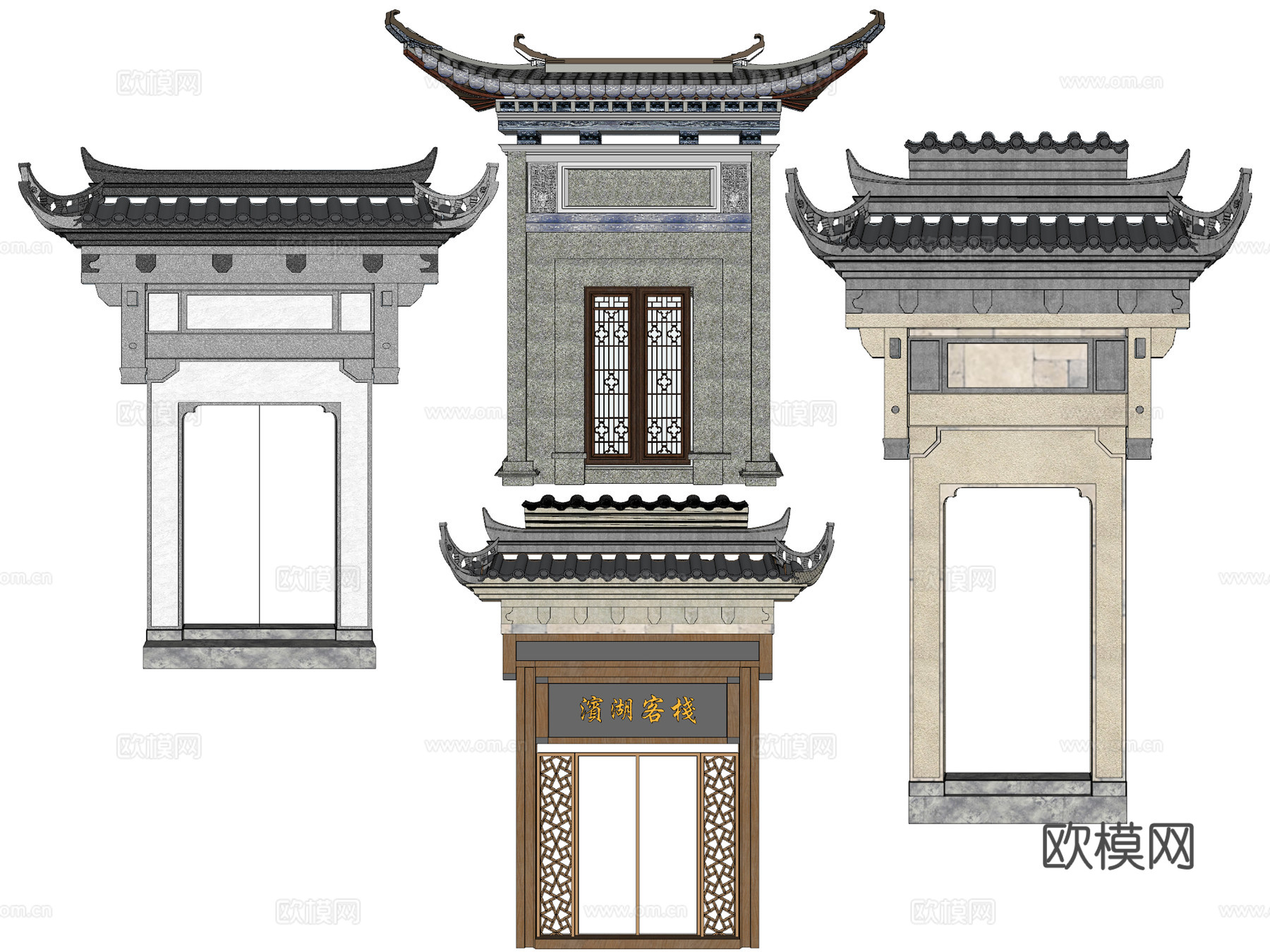 中式庭院门门头su模型下载