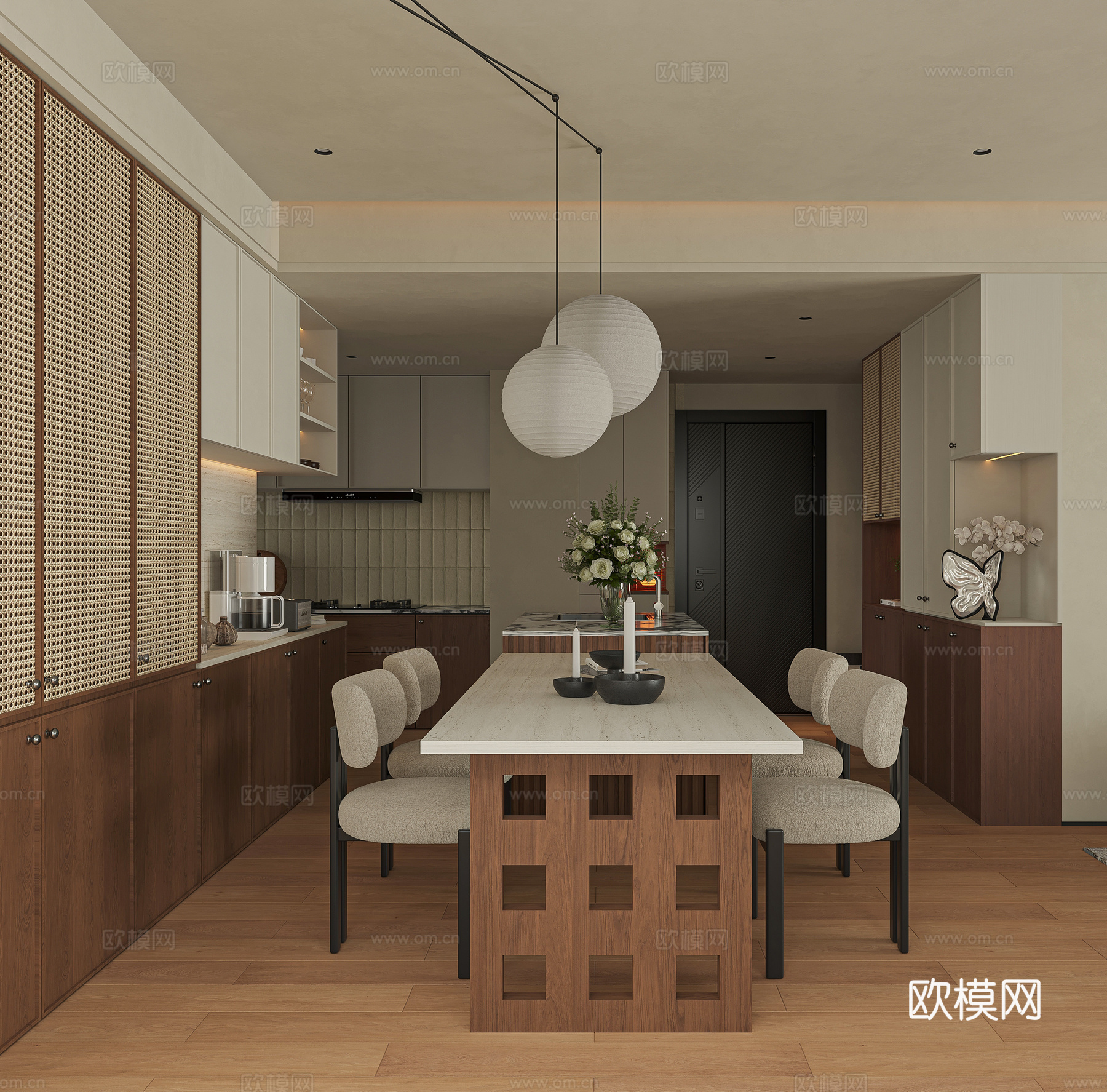 现代奶油岛台餐厅 奶油中古风餐厅 岛台餐厅 开放式厨房3d模型