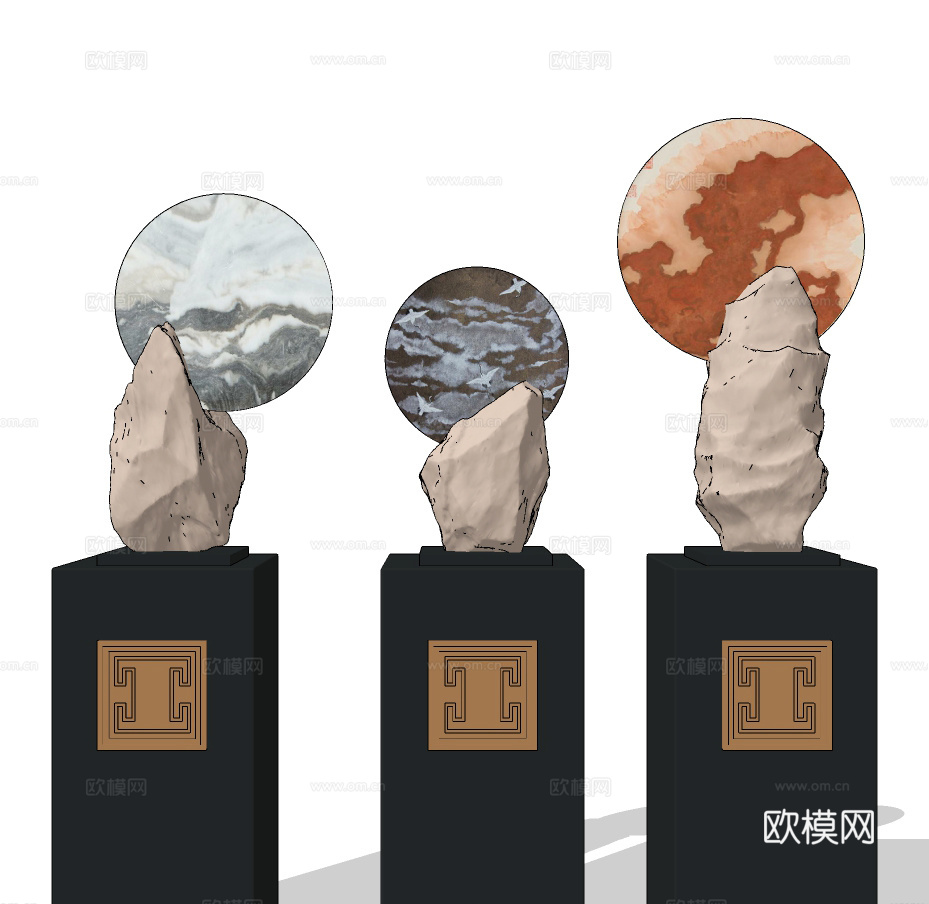 新中式石头雕塑摆件su模型下载