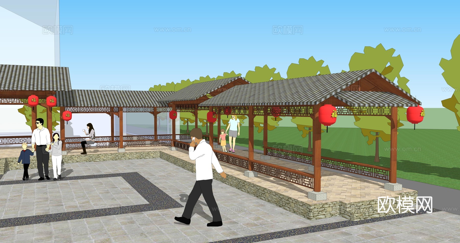 新中式廊架休闲广场su模型下载