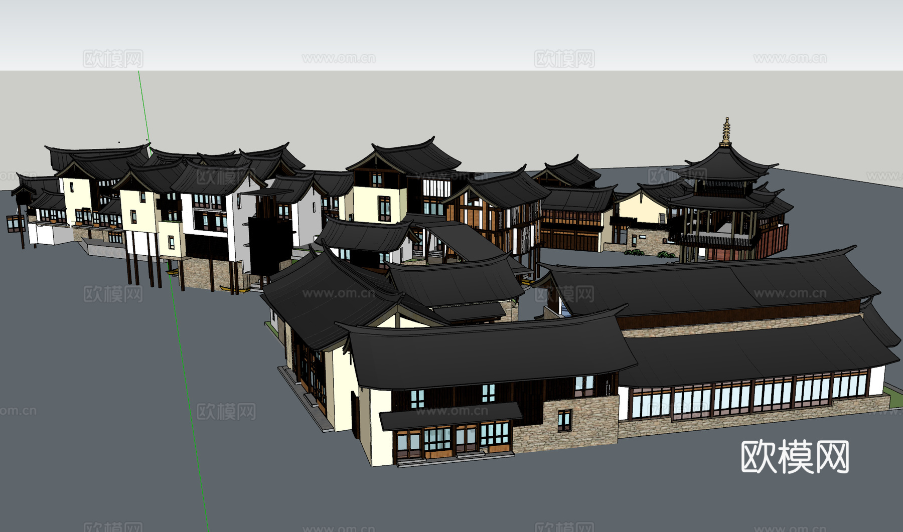 新中式酒店建筑外观su模型下载