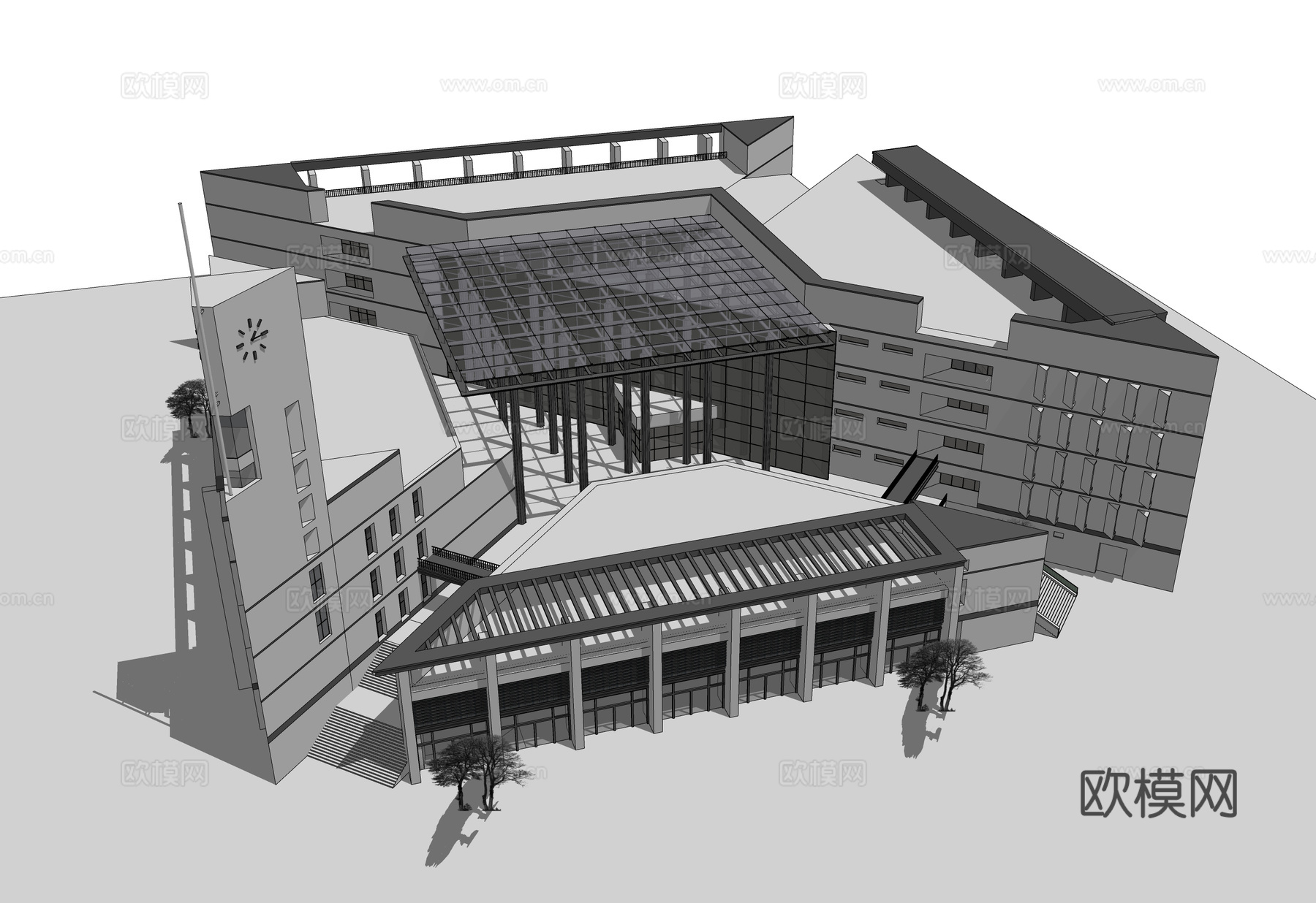 现代图书馆建筑外观su模型下载