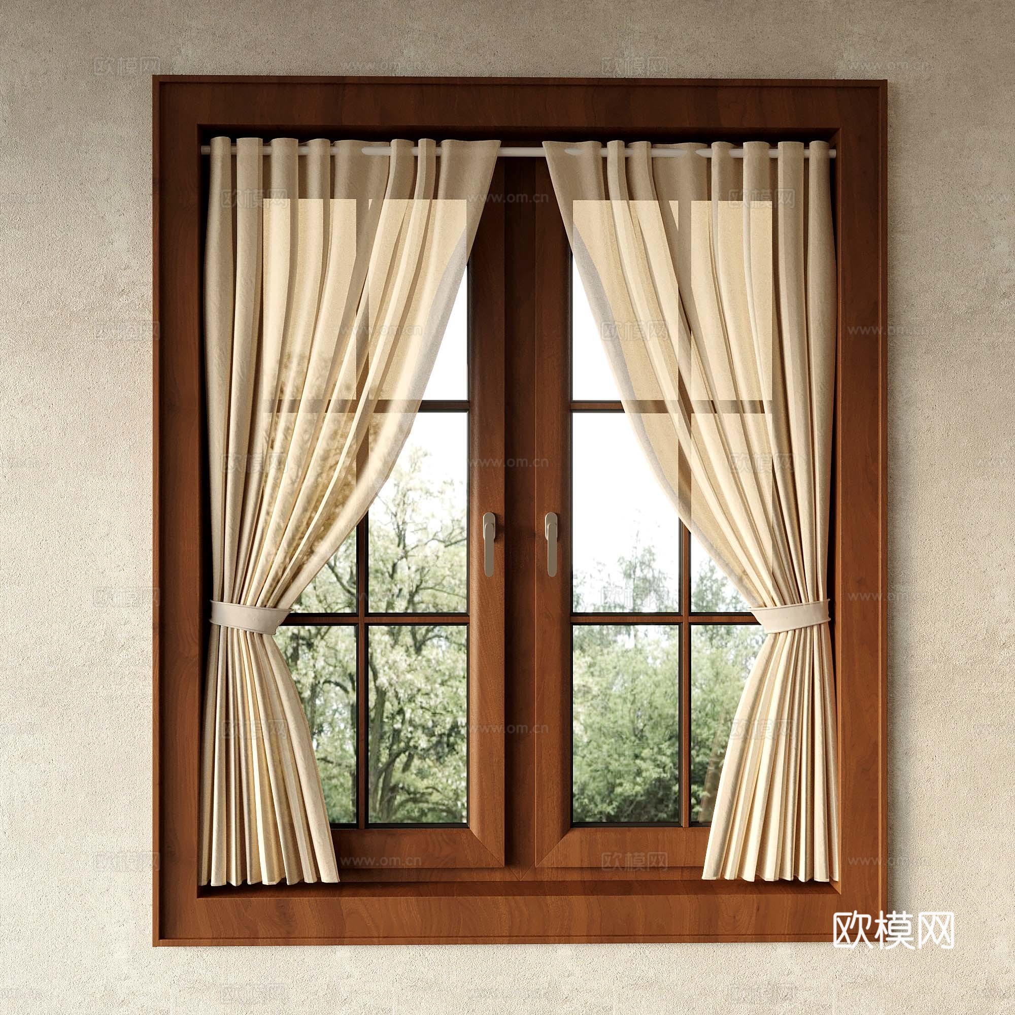 11法式中古风窗帘 实木窗户 拉帘3d模型