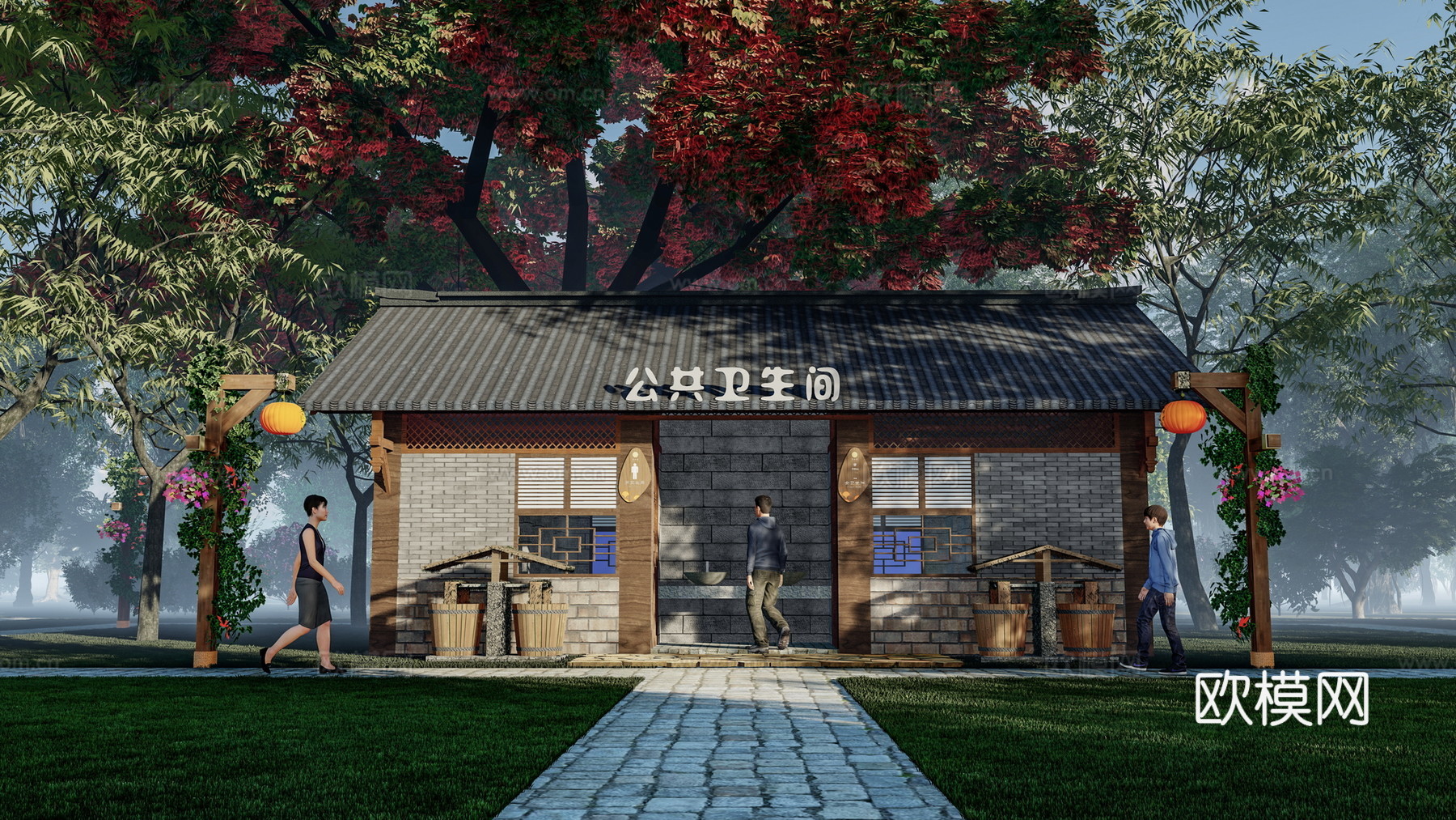新中式公厕建筑外观su模型下载