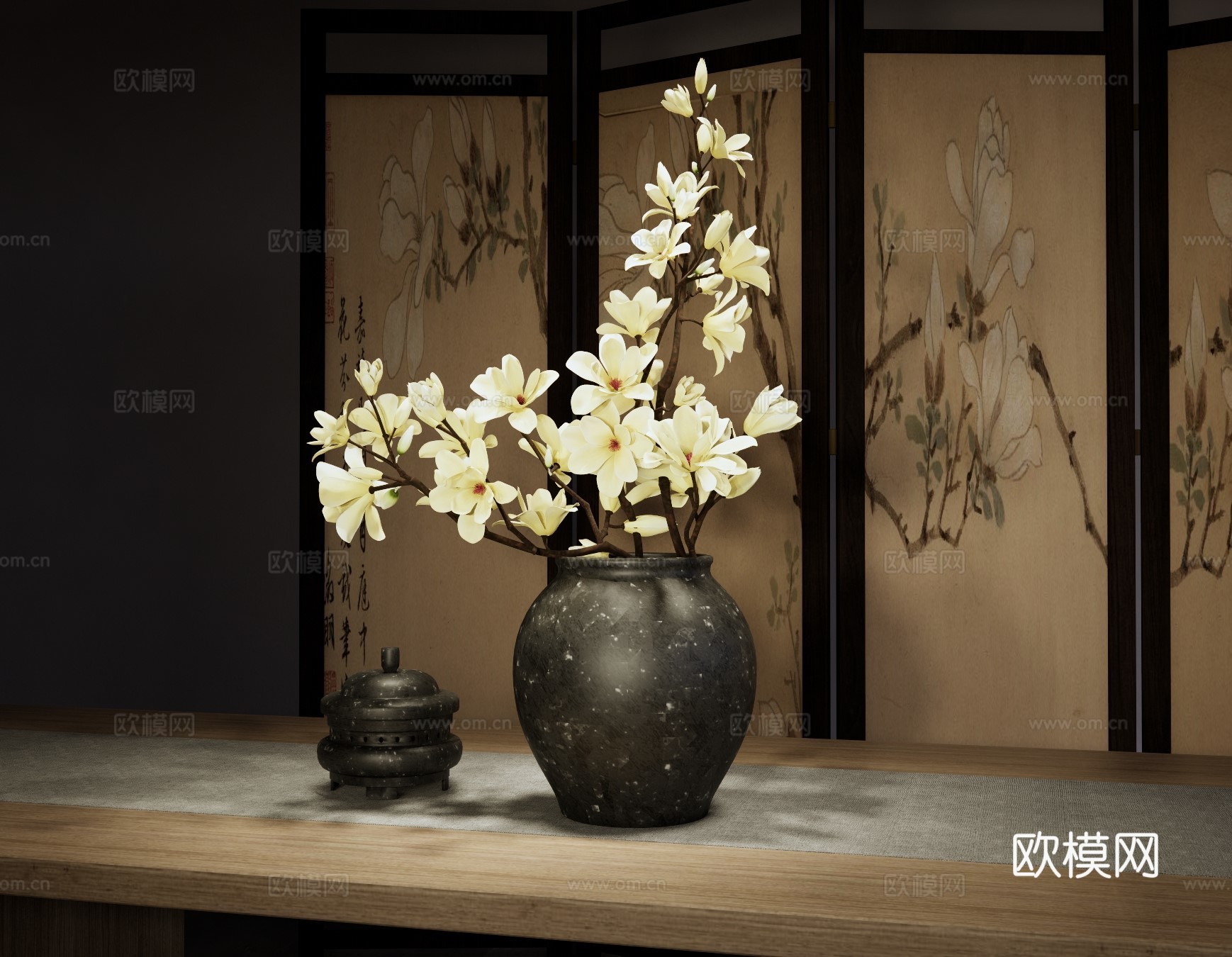 新中式花艺 新中式玉兰花插花 新中式花瓶花艺 禅意花艺插花su模型