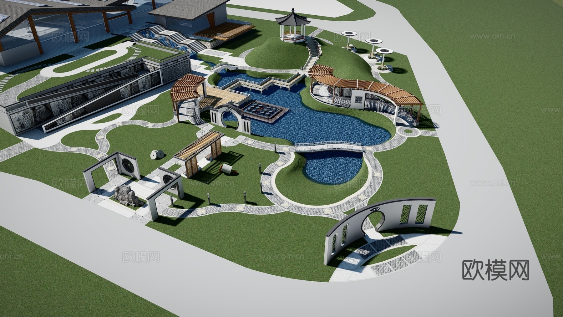 新中式售楼处园林su模型下载下载（渲染图4）