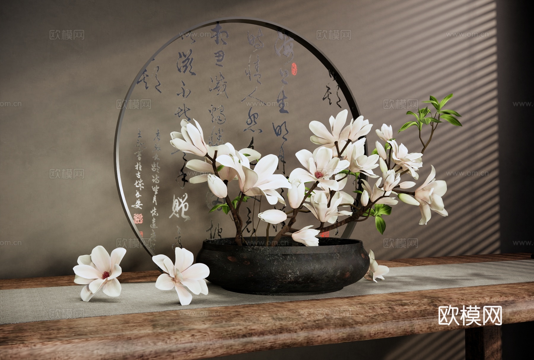新中式花艺 新中式玉兰花插花 中式造型插花 新中式花瓶花艺su模型
