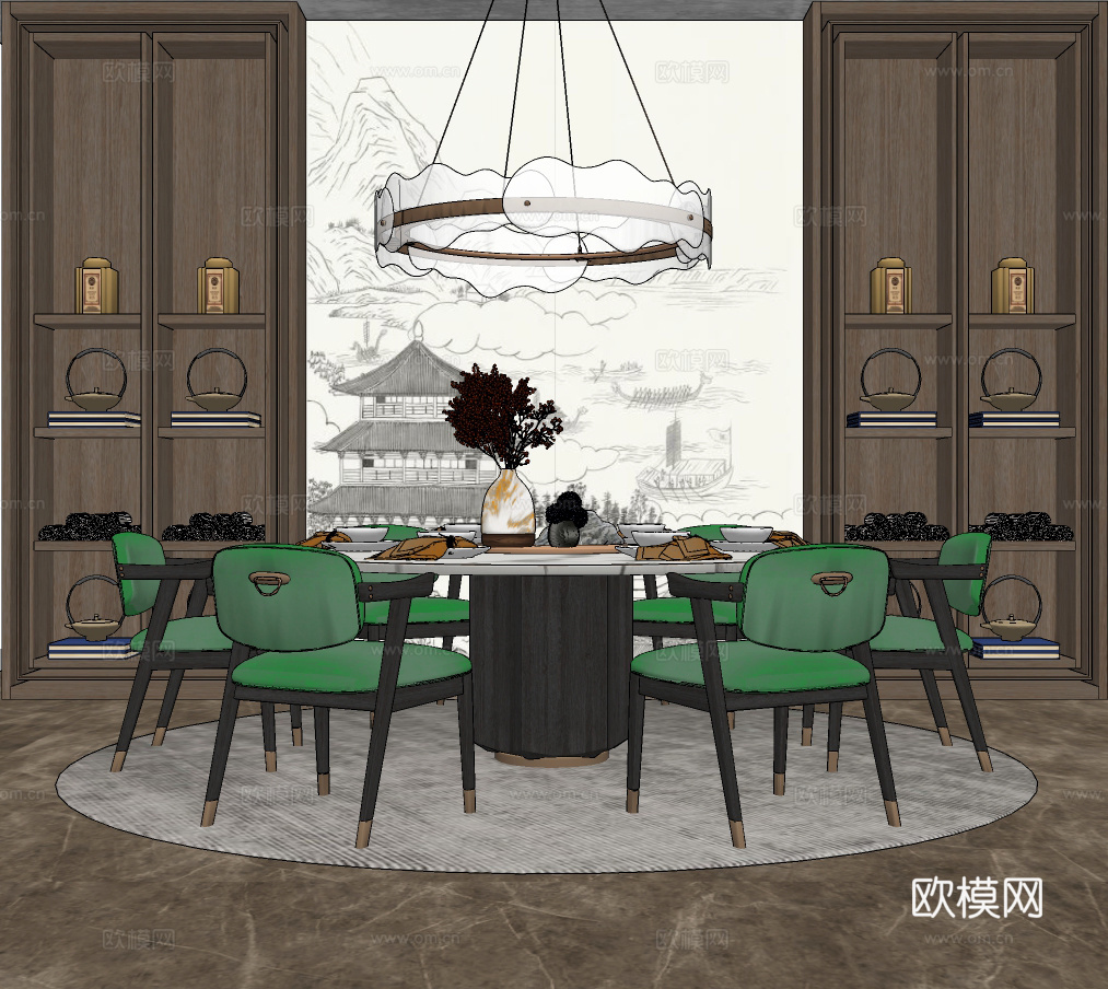 新中式圆形餐桌椅su模型下载