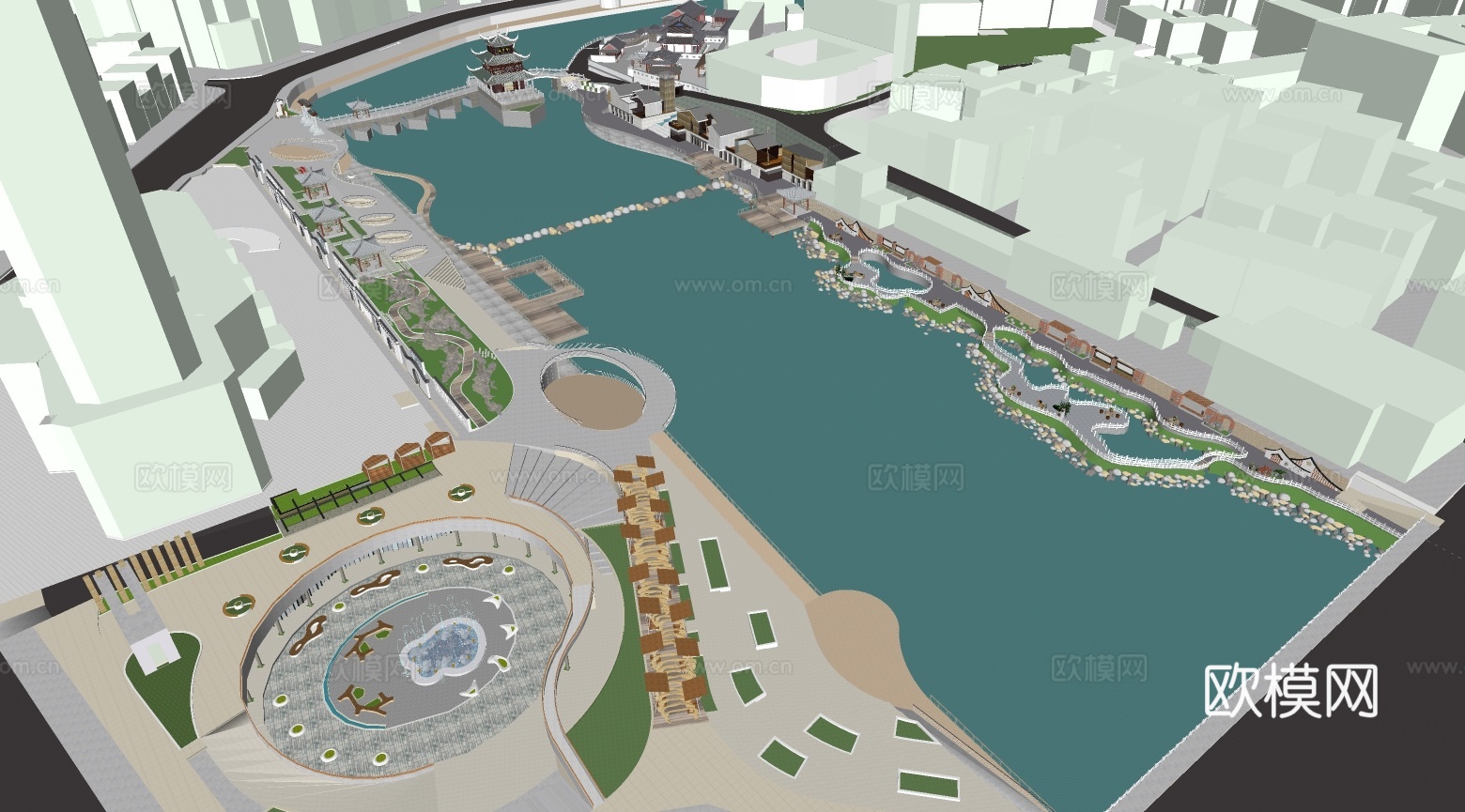 新中式古建商业街鸟瞰su模型下载