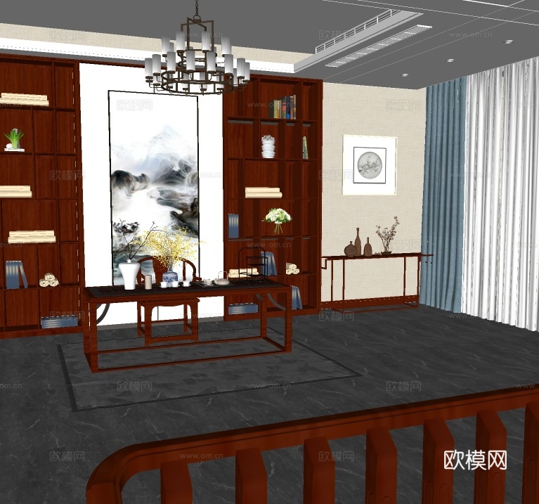 新中式书房茶室su模型下载