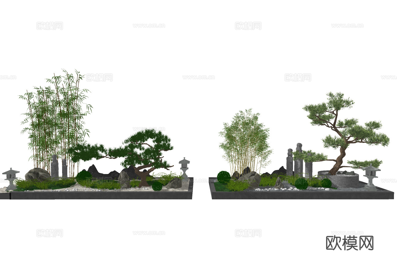 新中式竹子松树景观小品su模型下载