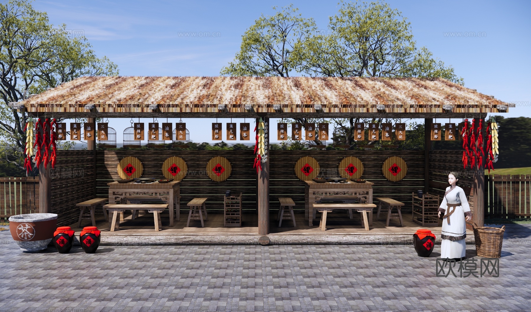 中式乡村庭院 乡村火锅店 户外美食餐馆 茅草亭 生态火锅餐厅su模型