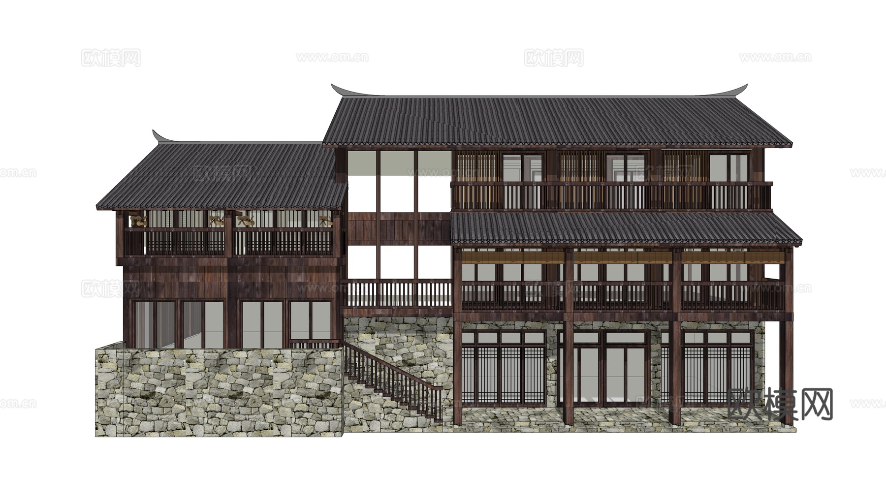 新中式古建民居外观su模型下载
