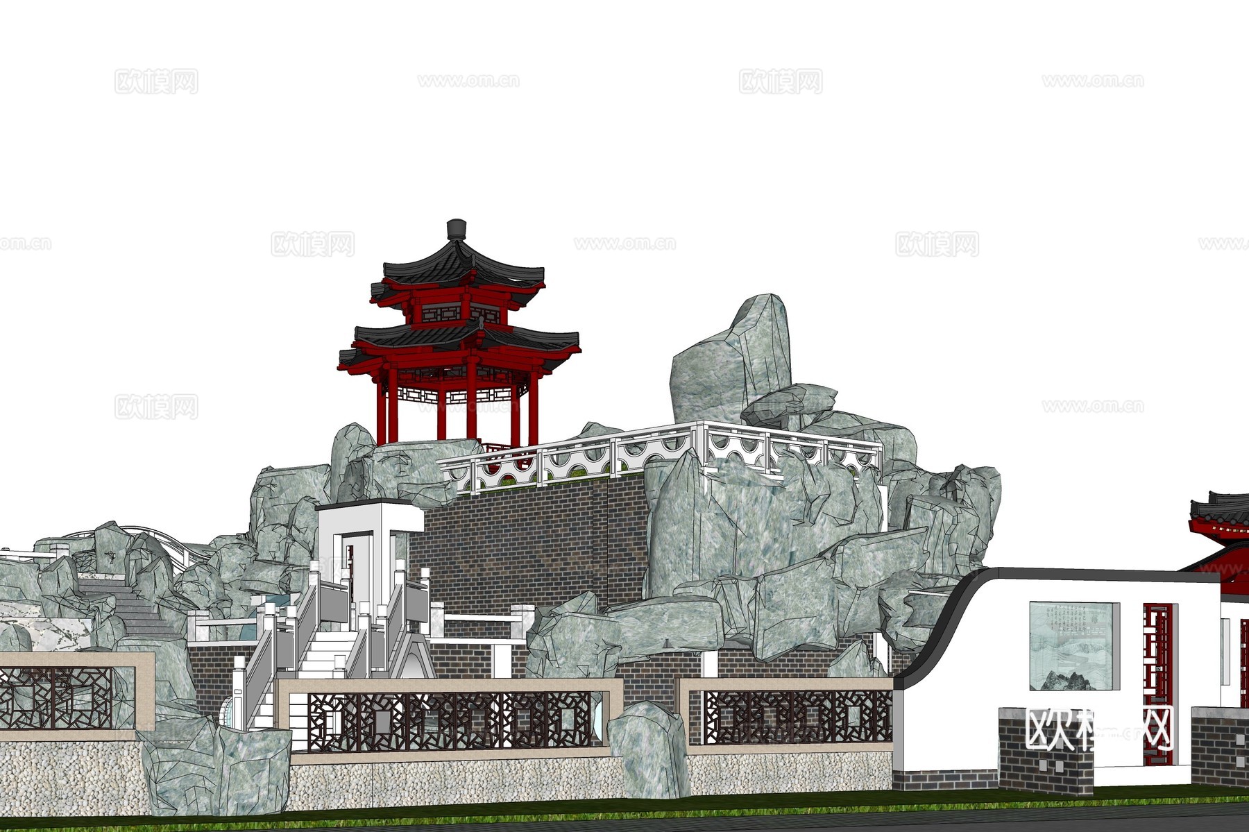 中式古典园林景观su模型下载