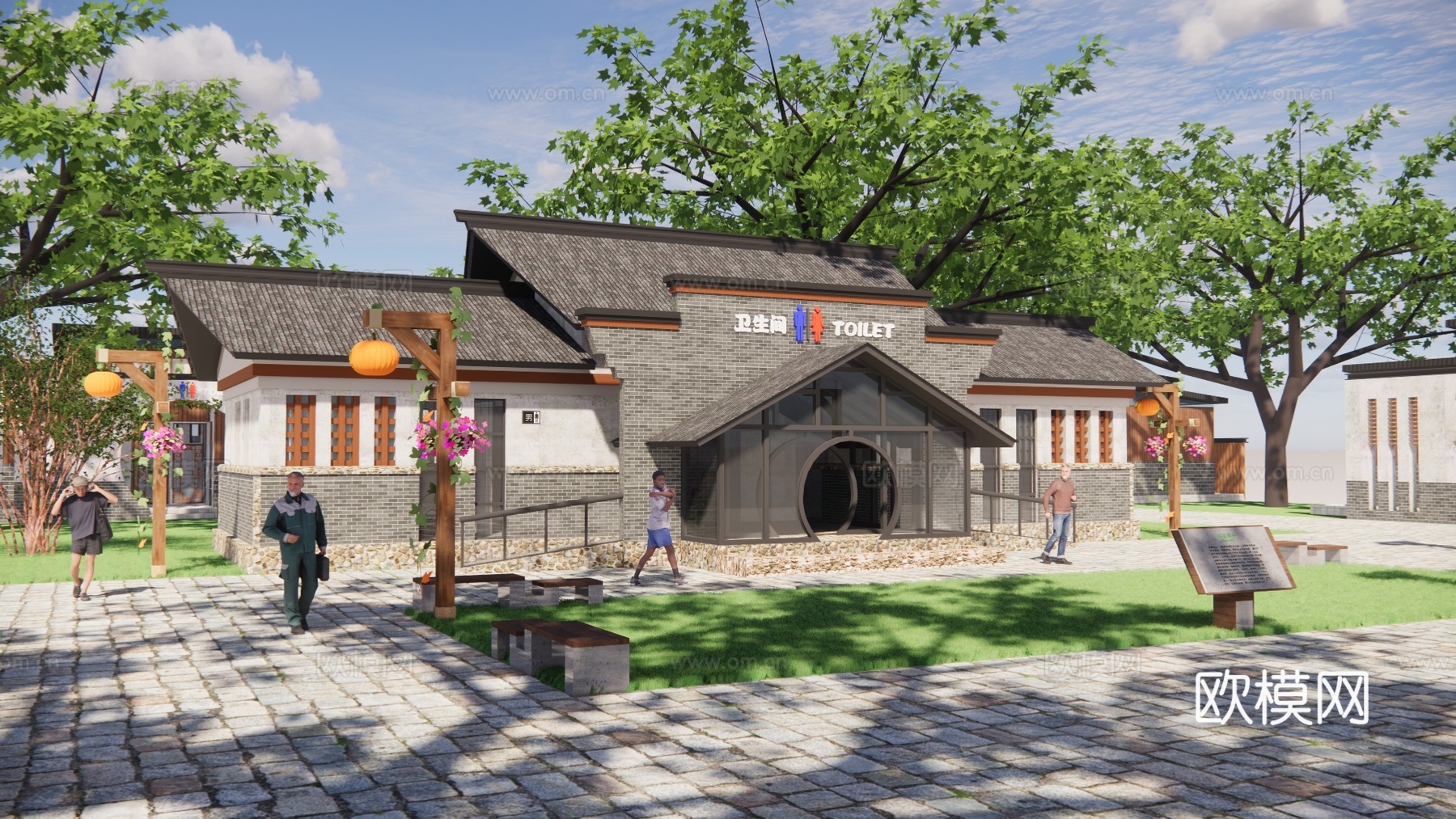 新中式公厕建筑外观su模型下载