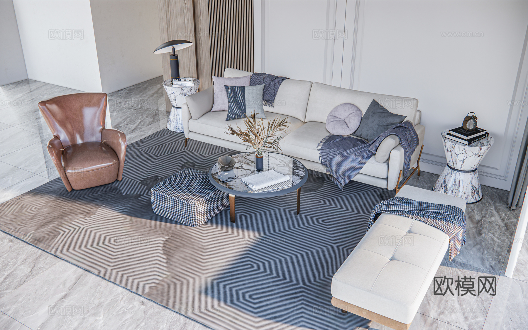 现代布艺沙发组合su模型下载下载（渲染图1）