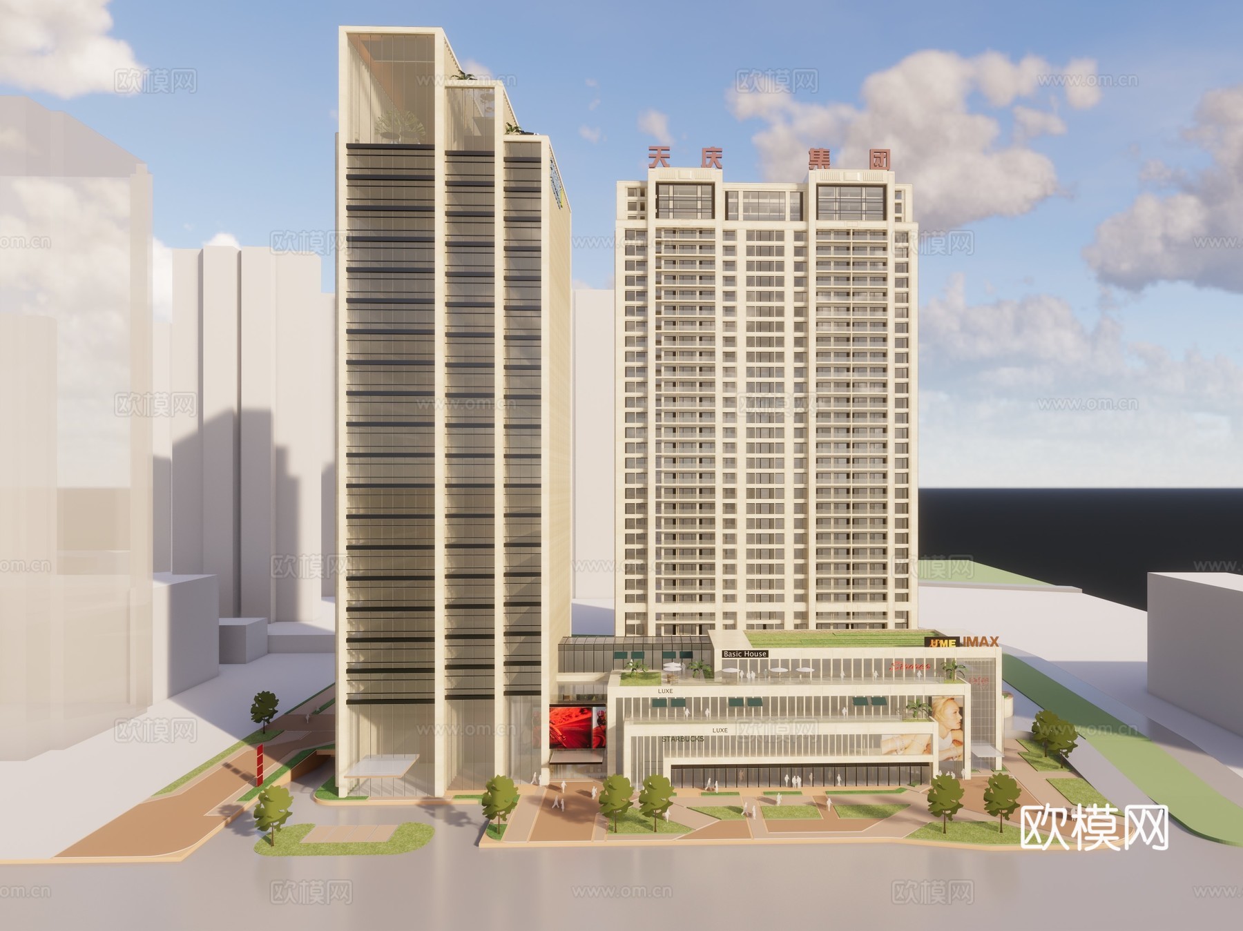 现代高层住宅楼外观su模型下载