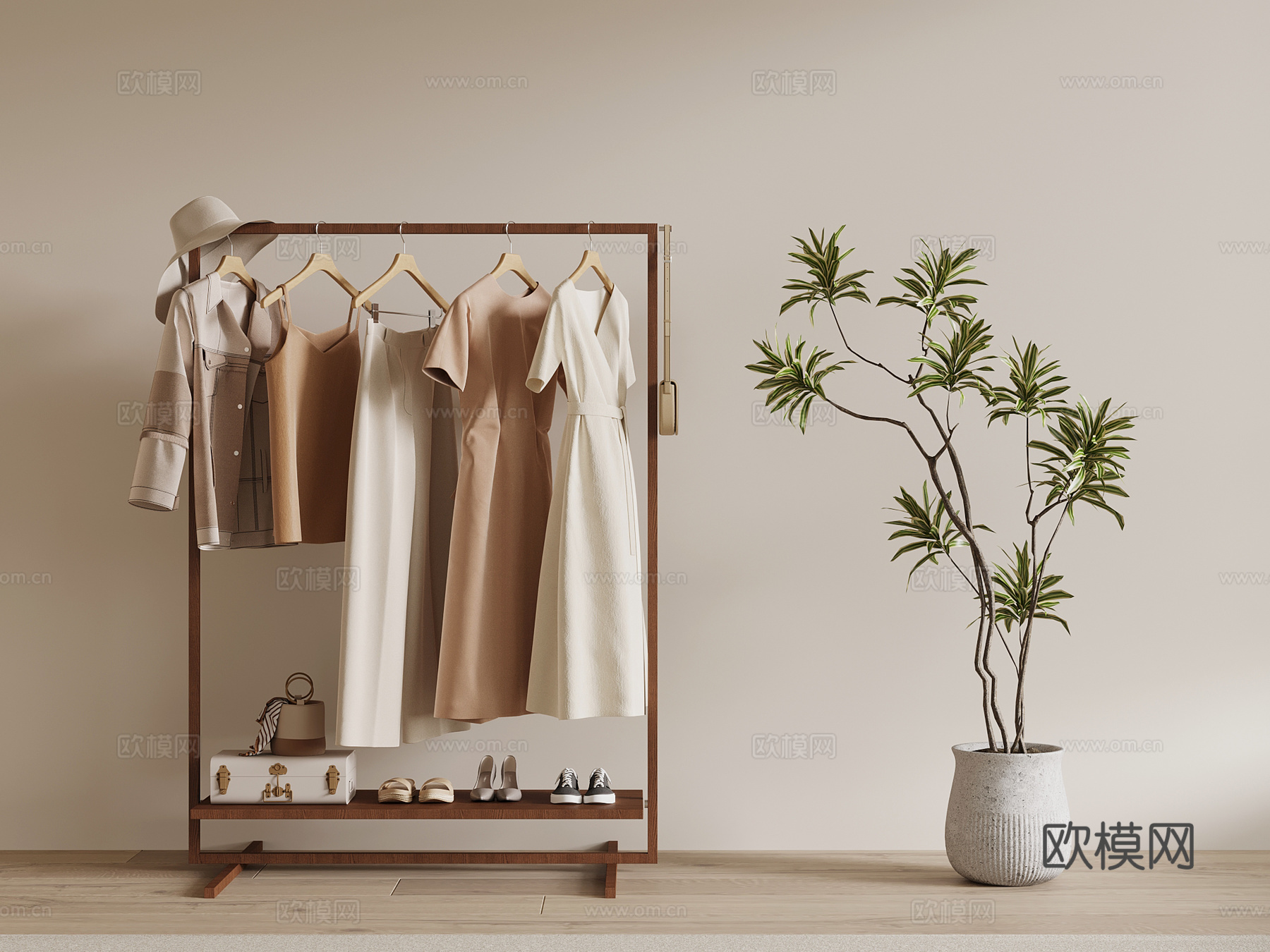 01挂衣架 诧寂风挂衣架 挂衣杆 衣服 绿植3d模型