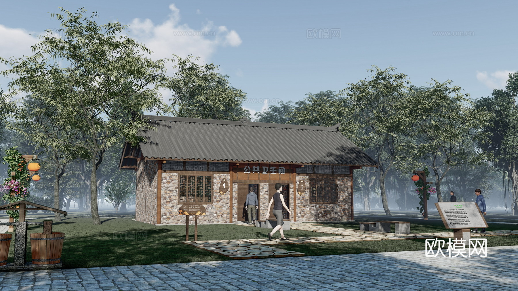 新中式公厕建筑外观su模型下载