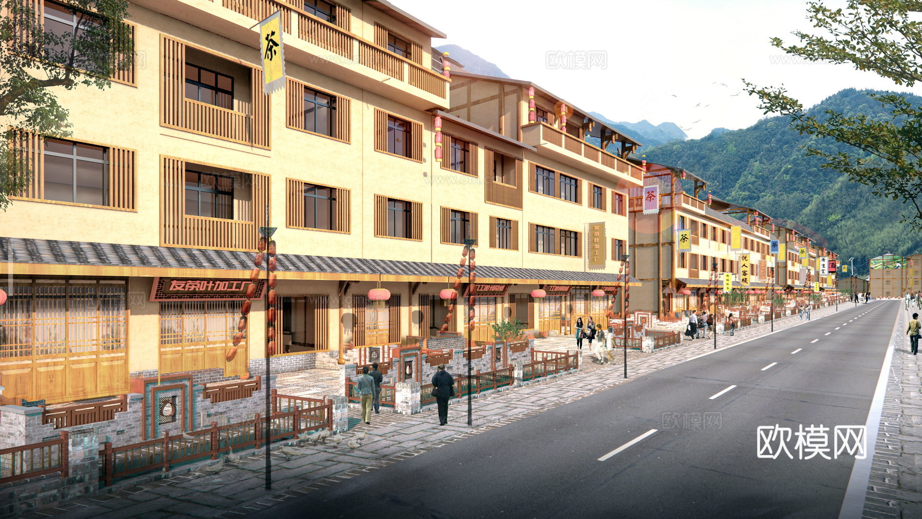 新中式乡村商业街su模型下载