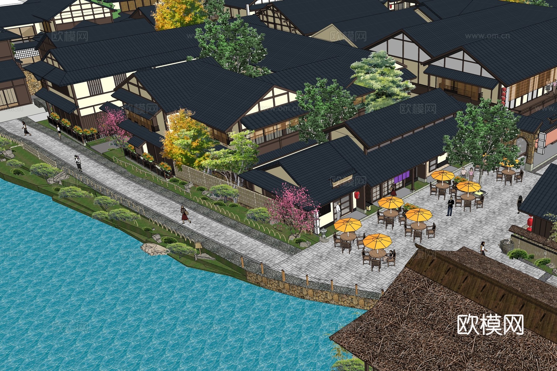 中式古镇度假村鸟瞰su模型下载