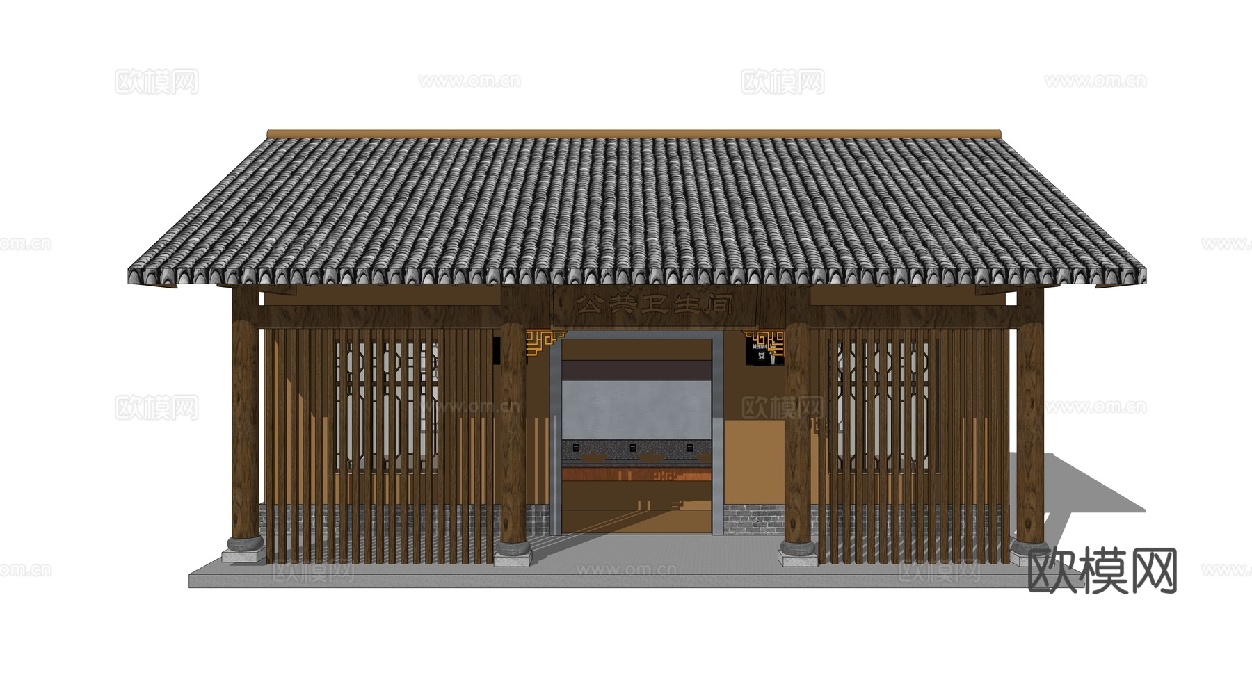 新中式公厕建筑外观su模型下载