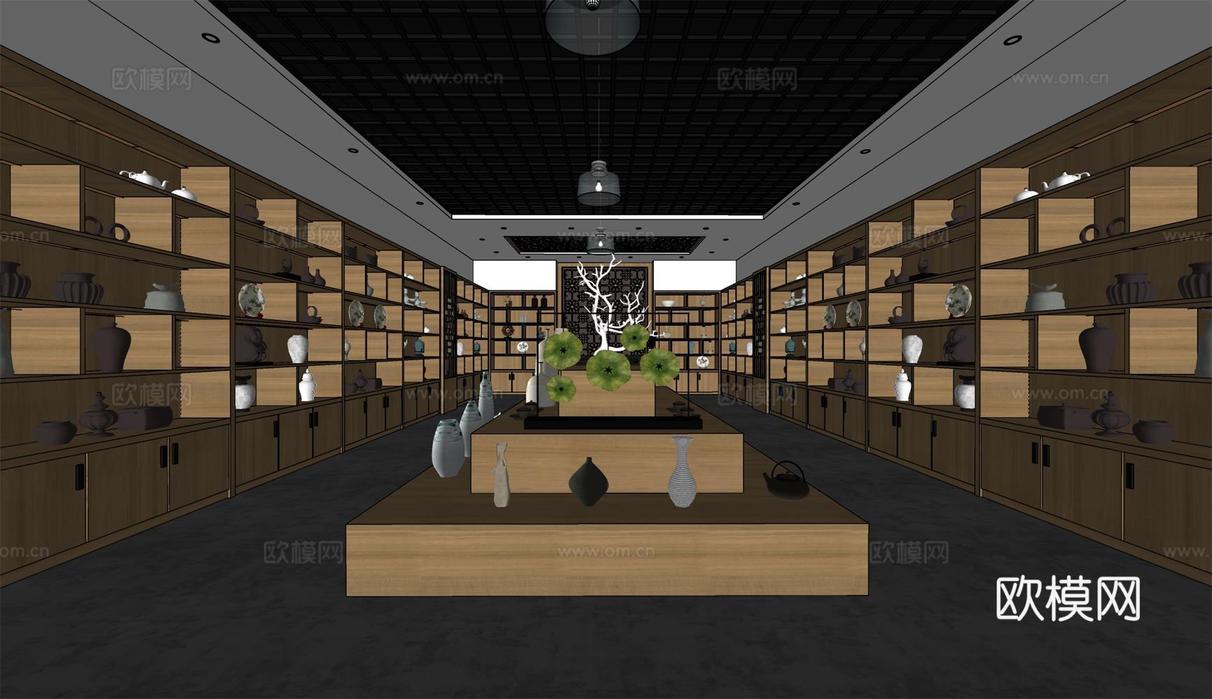 新中式茶具展厅su模型下载