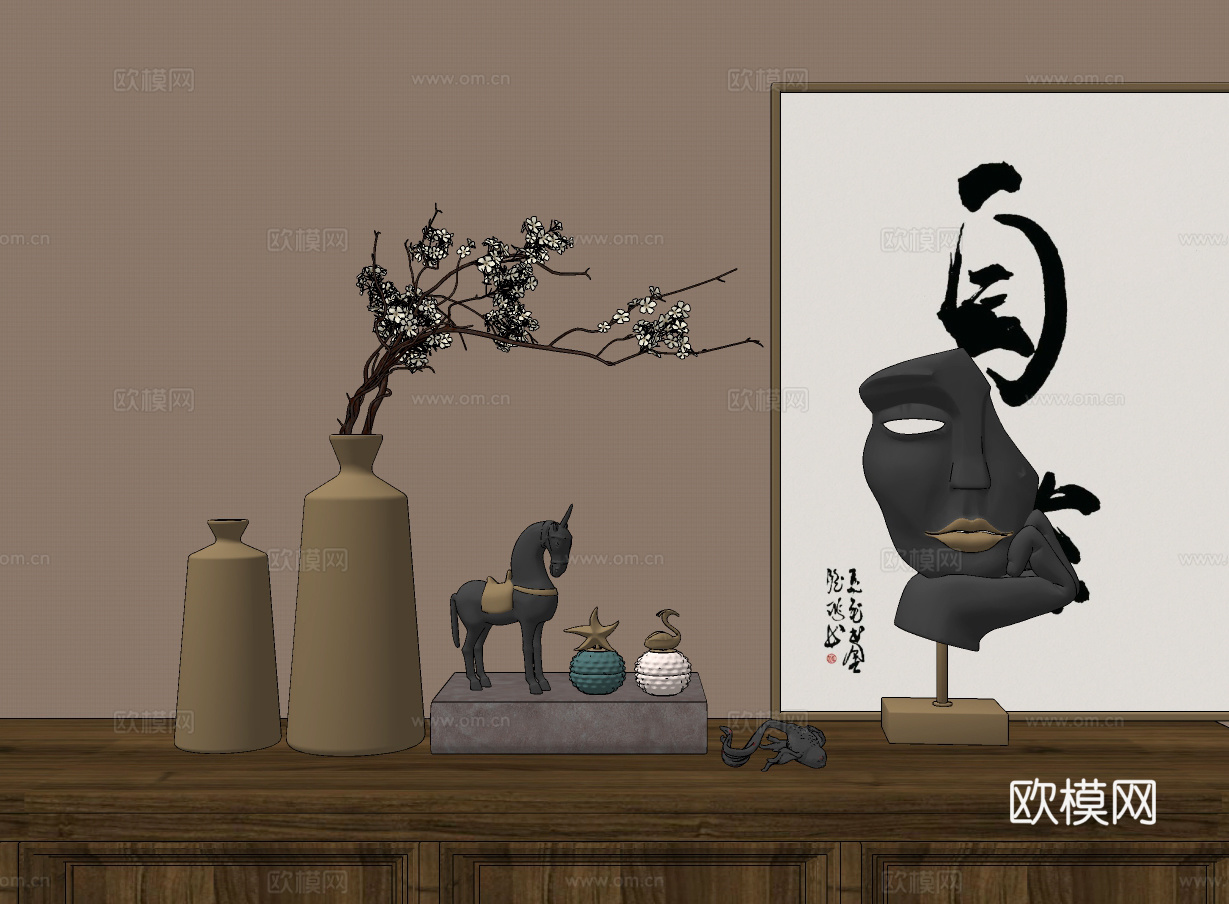 新中式插花饰品摆件su模型下载