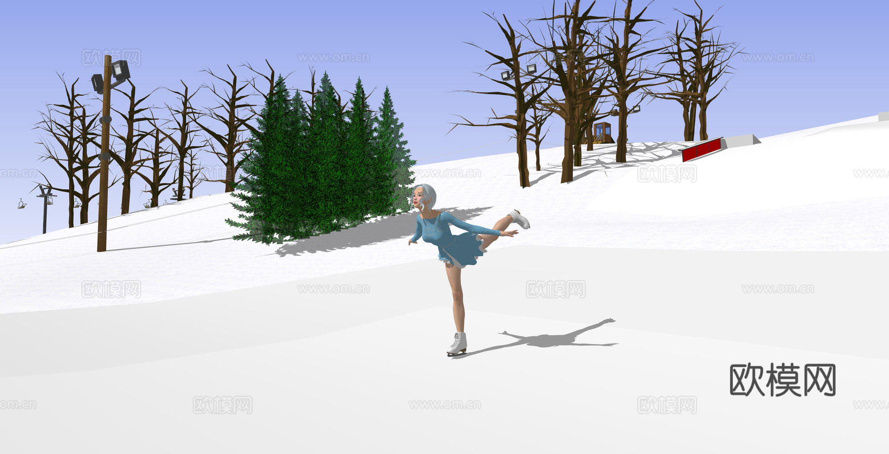 现代滑雪场雪山景观su模型下载