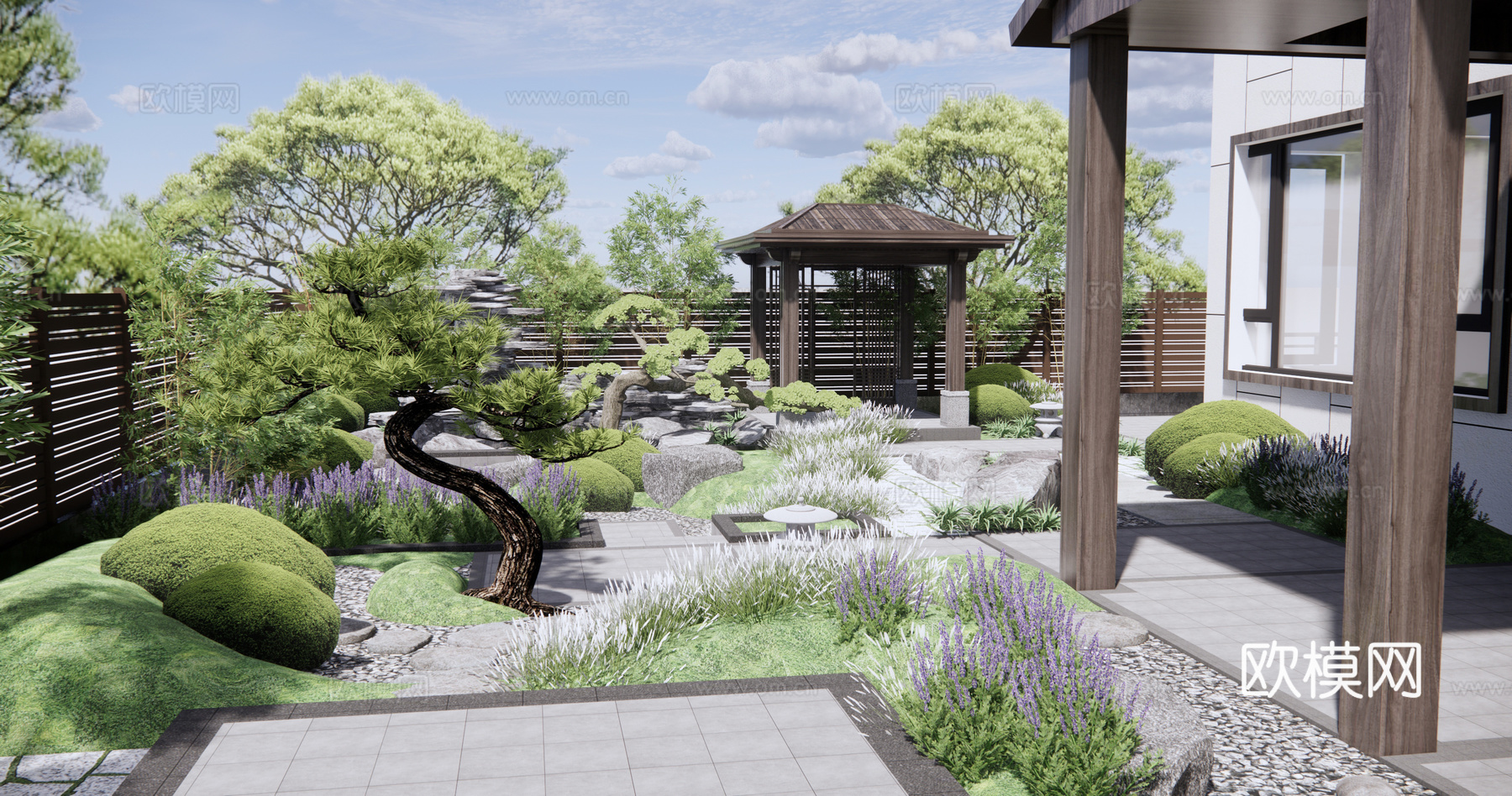 新中式庭院花园su模型下载