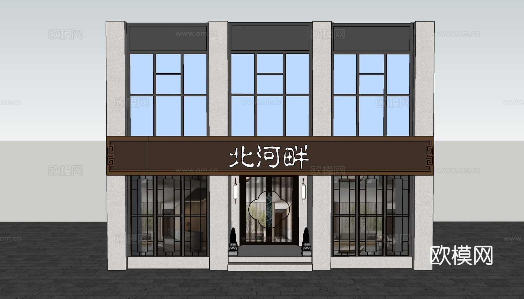新中式茶餐厅门面门头su模型下载