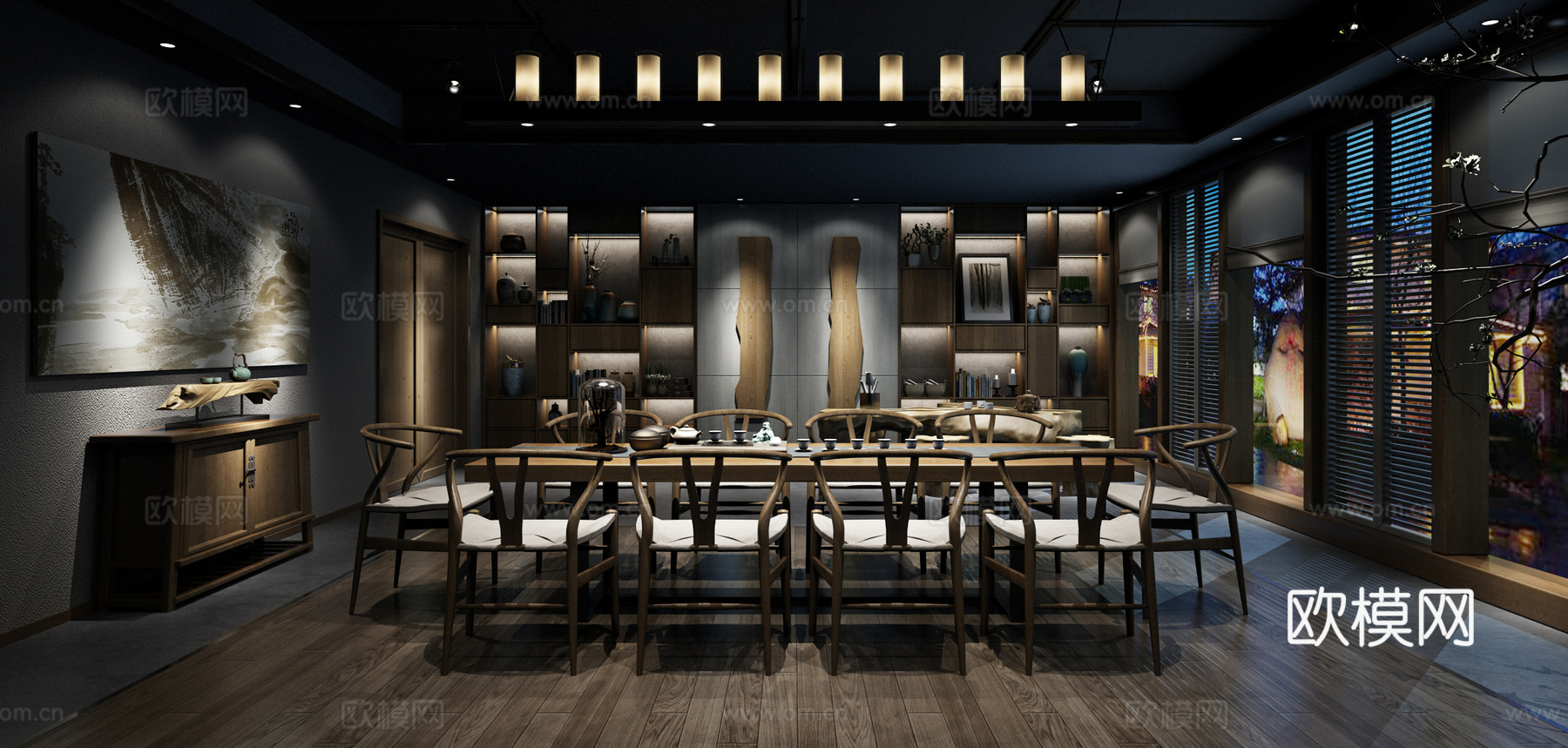 新中式茶室su模型下载下载（渲染图1）