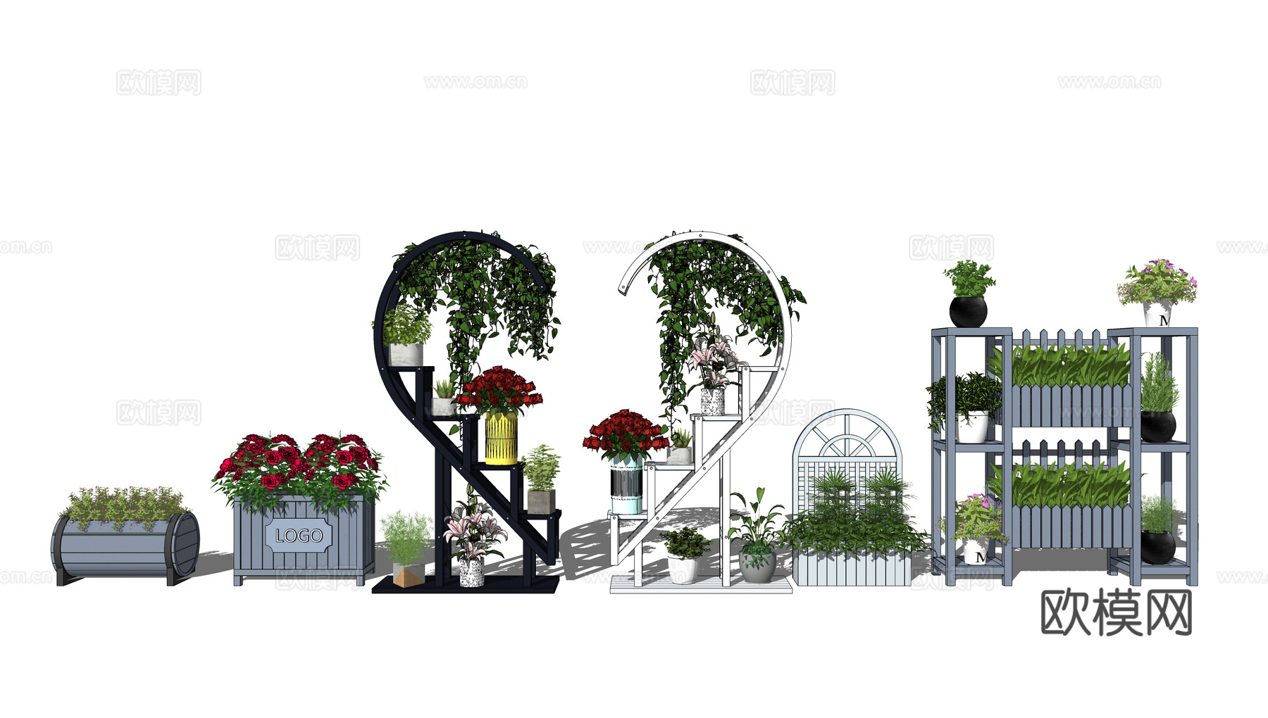 现代花箱花架盆栽su模型下载