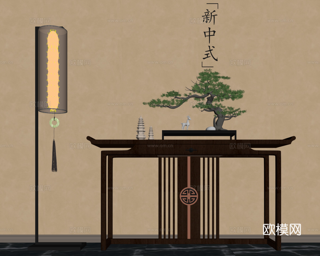 017端景柜 新中式端柜 落地灯su模型