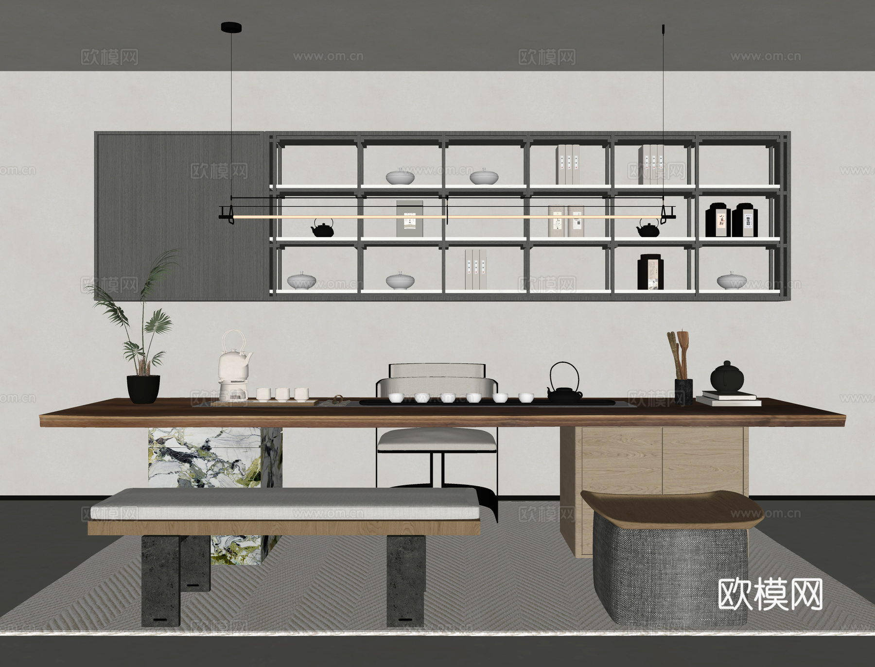 现代茶桌椅组合 茶柜 吊灯 茶具 矮凳 地毯su模型