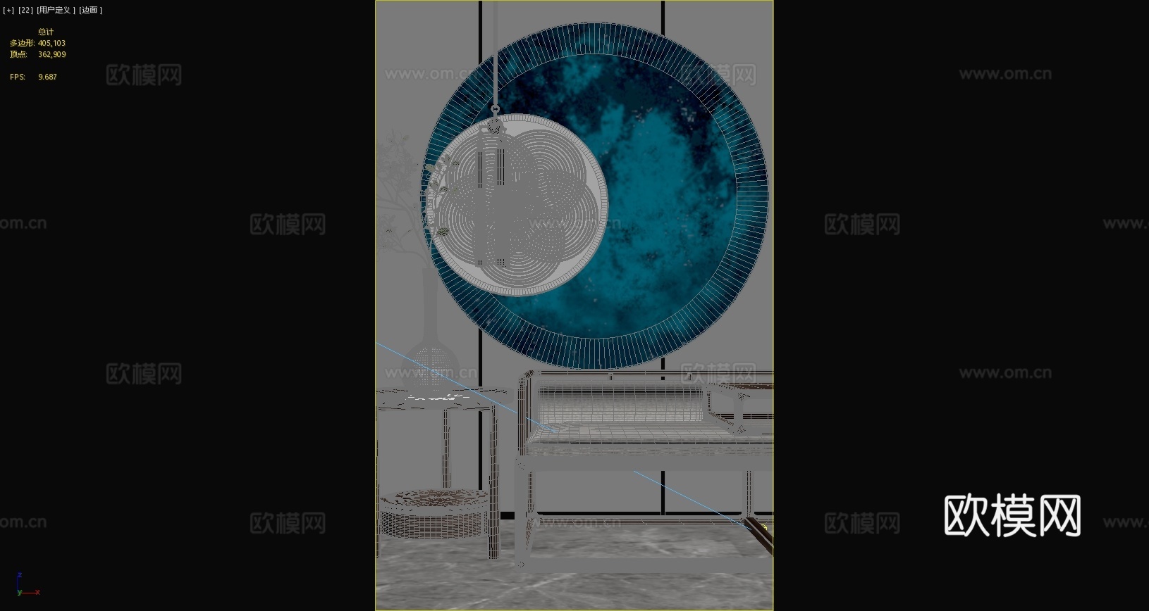 新中式客厅沙发边几墙饰植物盆栽摆件原木沙发吊灯3d模型