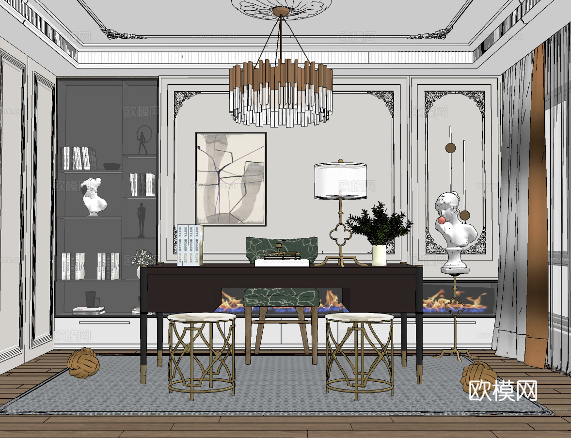 欧式书房su模型下载