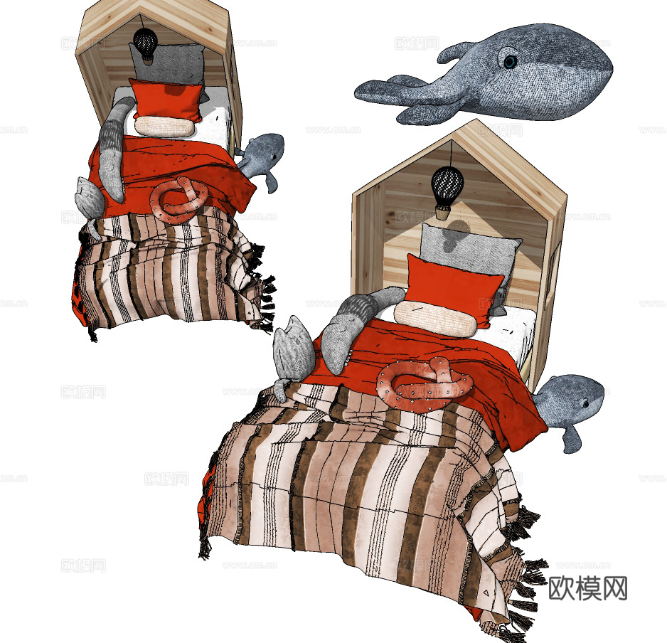 北欧实木儿童床su模型下载
